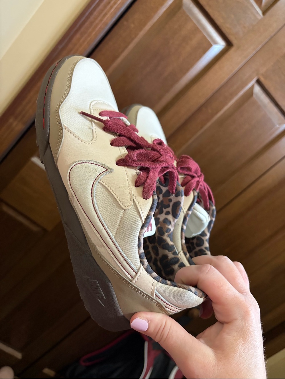 Nike Women's Beige Sneakers with Burgundy Laces and Leopard Lining